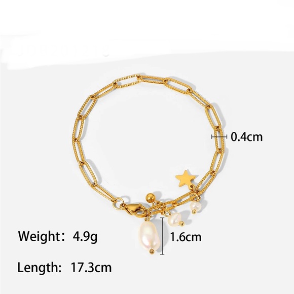 18K Gold Plated Star Pearl Tassel Pendant Cross Chain Bracelet, Charm Bracelet - Picture 6 of 6